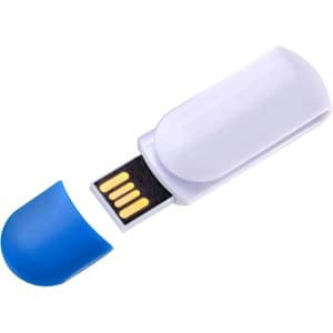 A white flash drive with a blue cap, featuring a USB connector and a logo on the casing.