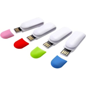 A set of four Melrose Clip Flash Drives in pink, red, green, and blue, each with a white casing and protective cap.