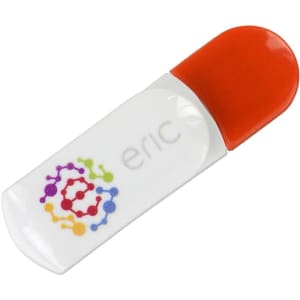 A white flash drive with an orange cap and a colourful logo design on one side.