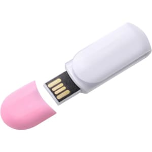 A pink and white Melrose Clip Flash Drive with a cap removed, revealing the USB connector.