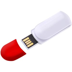 A white flash drive with a red cap, featuring a USB connector. The drive has a logo on its surface.