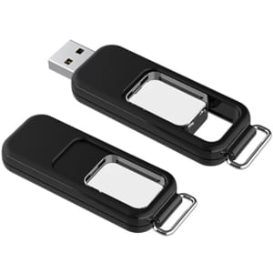 A black flash drive with a metallic section and a keyring attachment, positioned next to another similar flash drive.
