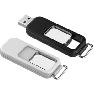 A black and white flash drive with a sliding mechanism, featuring a metal attachment loop.