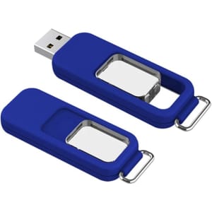 A blue flash drive with a metal loop for attaching to keyrings or bags, featuring a sleek design.
