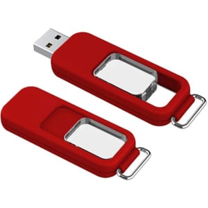 A red flash drive with a metallic section, featuring a keyring attachment for convenience.
