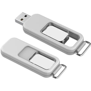 A grey Bunda Light Flash Drive with a sliding mechanism and a metal ring for attachment.