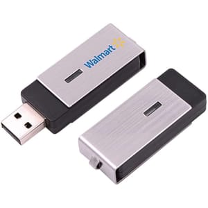 A silver and black swivel flash drive with a logo, featuring a USB connector on one end.