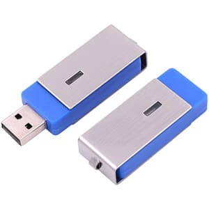 A blue and silver swivel flash drive with a metallic finish and a retractable USB connector. It features a logo.