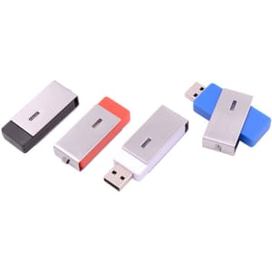 A set of four Ginan Swivel Flash Drives in black, red, white, and blue with a sleek metallic finish.