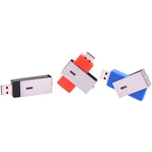 A set of three swivel flash drives in black, red, and blue, featuring a metallic casing and a logo.