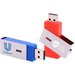 A blue and red Ginan Swivel Flash Drive with branding logos on a silver body. The drives are positioned to show their swivel design.