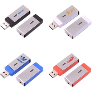 A set of six swivel flash drives in various colours: black, silver, white, blue, red, and with logos.