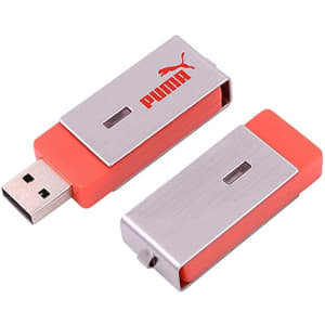 A flash drive with a silver and orange design, featuring a logo, showcasing its swivel feature.