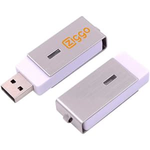 A silver and white Ginan Swivel Flash Drive with a logo, featuring a sliding mechanism for USB connection.