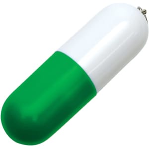 A green and white capsule-shaped flash drive with a silver connector, featuring a logo on its side.