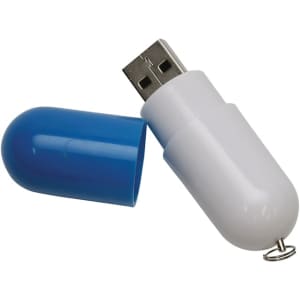 A capsule-shaped flash drive in blue and white, featuring a USB connector and a loop for attachment.