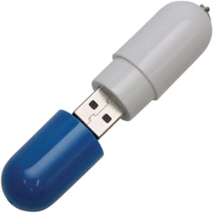 A capsule-shaped flash drive in white and blue, with a hidden USB connector. It features a logo on the body.