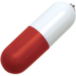 A red and white capsule-shaped flash drive with a branding logo on its surface.