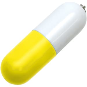 A yellow and white capsule-shaped flash drive with a silver connector at one end and a logo on the surface.