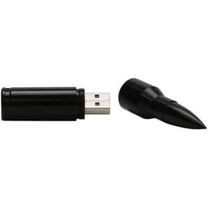 A black Bullet Flash Drive with a cap shaped like a bullet tip, showcasing a sleek design.