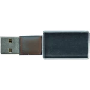 A rectangular eco-friendly flash drive in clear and dark grey, featuring a USB connector and a logo.