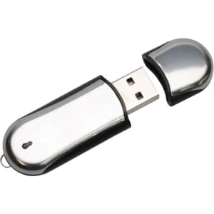 A silver and black Flante Curved Flash Drive with a removable cap. It features a logo on the body.