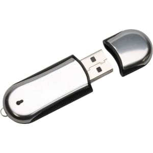 A silver and black curved flash drive with a protective cap removed, featuring a branding logo.