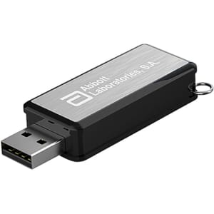 A black and silver USB flash drive with a logo, featuring a standard USB connector.
