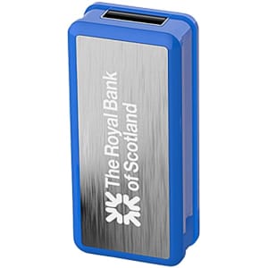 A blue flash drive with a metallic surface and a branding logo.