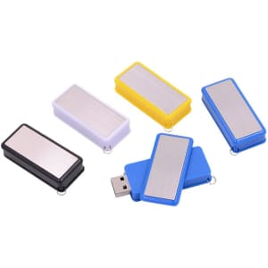 A collection of Revati flash drives in black, white, blue, yellow, and silver. Each has a shiny metallic surface and a USB connector.