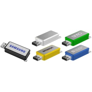 A collection of colourful flash drives in black, silver, green, yellow, and blue, featuring different logos.