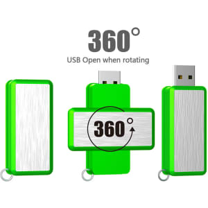 A green and silver USB flash drive with a rotating design and a keychain attachment.