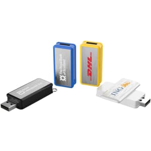A collection of four flash drives in black, blue, yellow, and white, each featuring a logo.