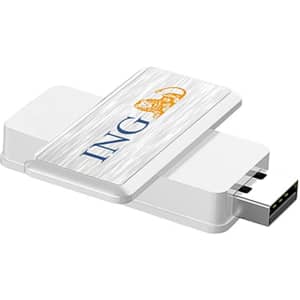 A white flash drive with a sliding cover and a logo on its surface. The drive has a USB connector.