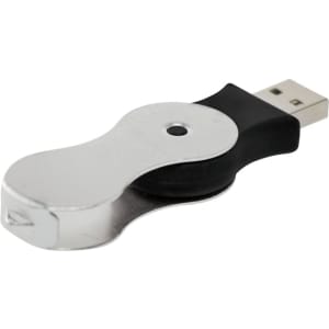 A silver and black swivel flash drive, featuring a sleek design and a circular swivel mechanism.