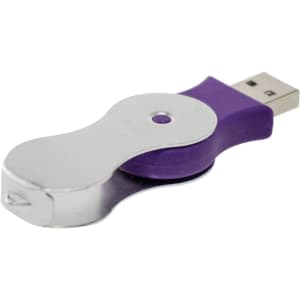 A purple and silver Halo Swivel Flash Drive with a rotating design and a USB connector. It features a branding logo.