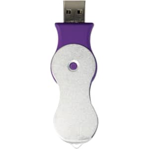 A purple and silver swivel flash drive with a USB connector and branding logo.