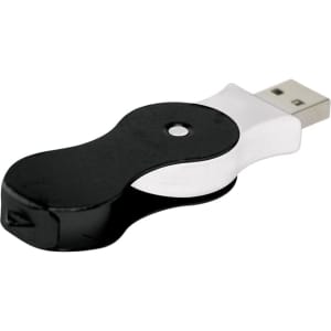 A black and silver Halo Swivel Flash Drive with a sleek design and a USB connector. It features a logo.
