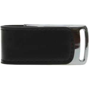 A sleek black leather flash drive with a silver metallic accent and a branding logo.