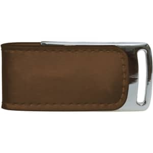 A brown leather flash drive with a shiny silver metal clip, featuring a logo.