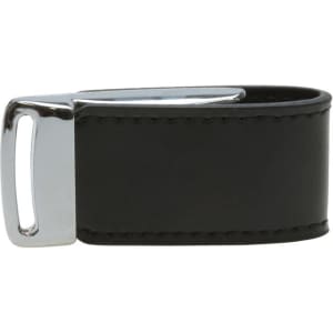 A black leather flash drive with a shiny metal clip. It features a minimalist design and has a branding logo.