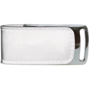 A white leather flash drive with a silver accent, featuring a branding logo.