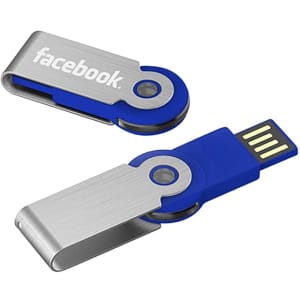 A blue and silver swivel USB flash drive with a logo on it.