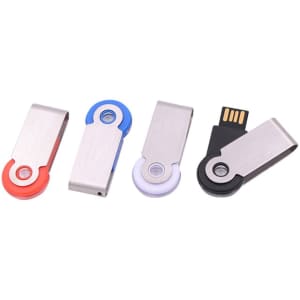 A collection of four swivel flash drives in silver, red, blue, purple, and black. Each drive has a unique design.