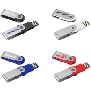 A collection of various flash drives in silver, black, blue, and red, featuring different logos.