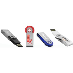 A collection of four swivel USB flash drives in grey, silver, red, blue, and white colours, each featuring a logo.
