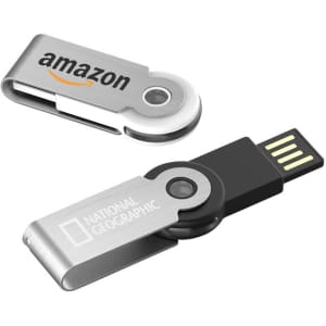 A metallic flash drive in silver and black with a swivel design and branding on both sides.