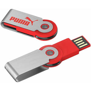 A red and silver flash drive with a rotating cap and a logo. It features a sleek, modern design.