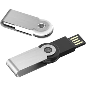 A silver and black swivel USB flash drive featuring a metal casing and a circular logo.