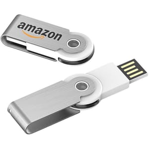 A silver and white flash drive with a rotating cap, featuring a logo on one side.